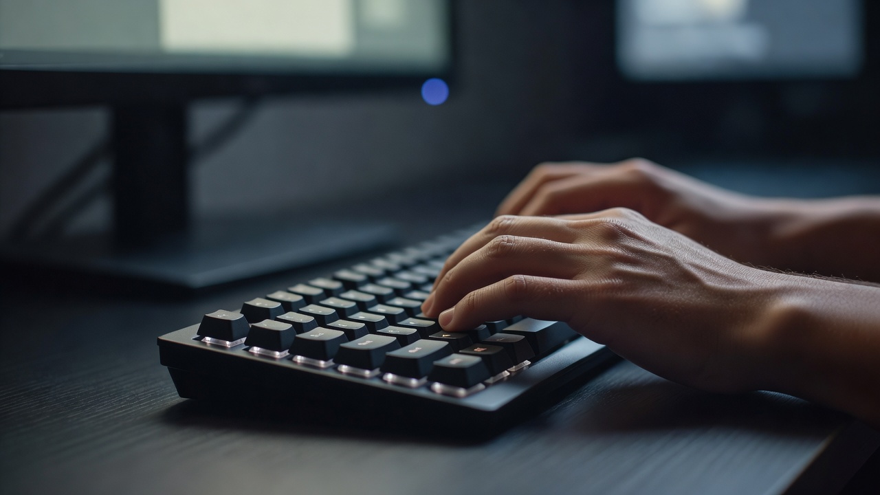 Close-up of hands typing on a backlit mechanical keyboard