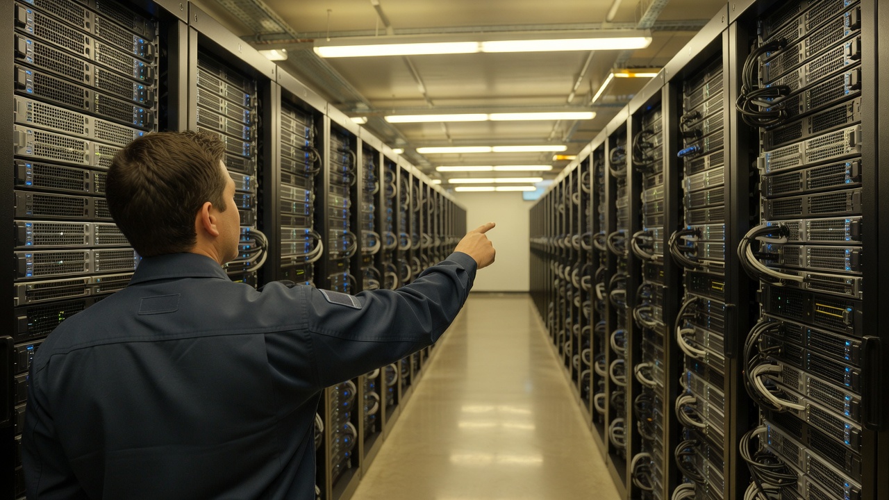 Over-the-shoulder view of a data center technician gesturing toward rows of densely packed Azure server racks, warm high-key overhead fluorescents flooding the aisle, 35mm lens.