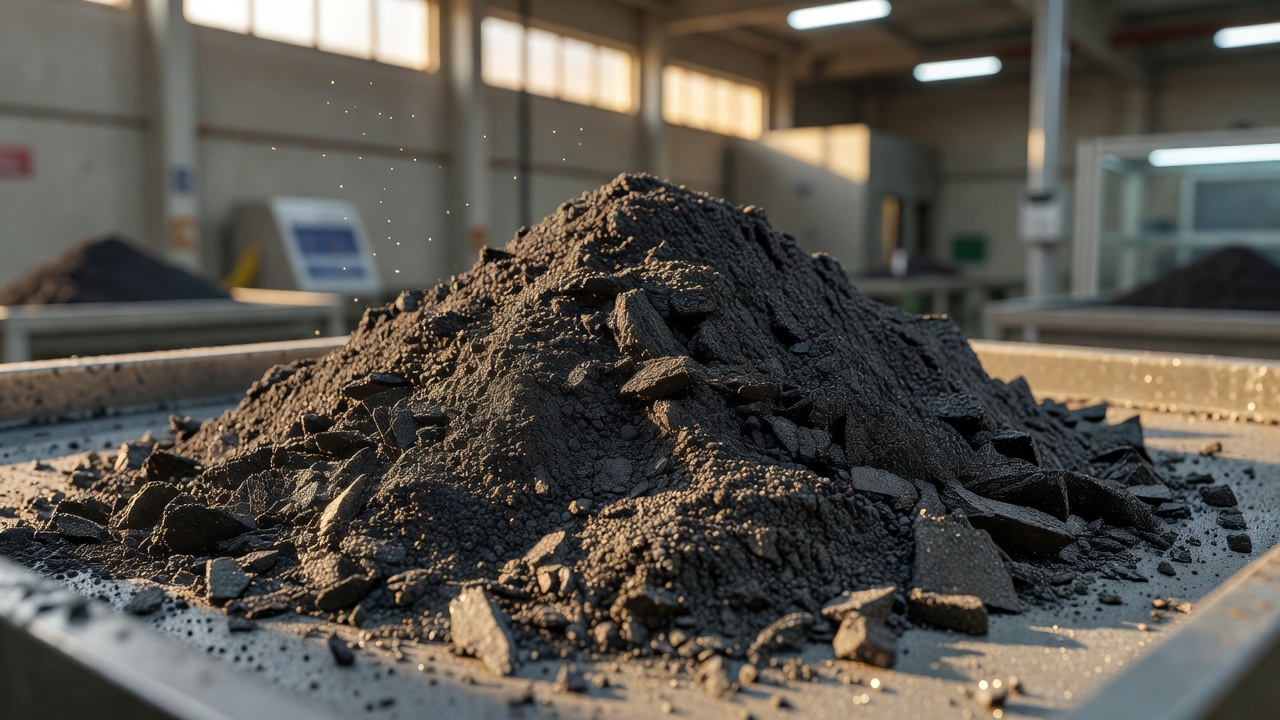 tight macro close-up of raw graphite anode powder mounded on a sample tray inside a processing facility, coarse dark granules catching warm golden-hour light through industrial windows, shallow depth of field, 85mm macro lens