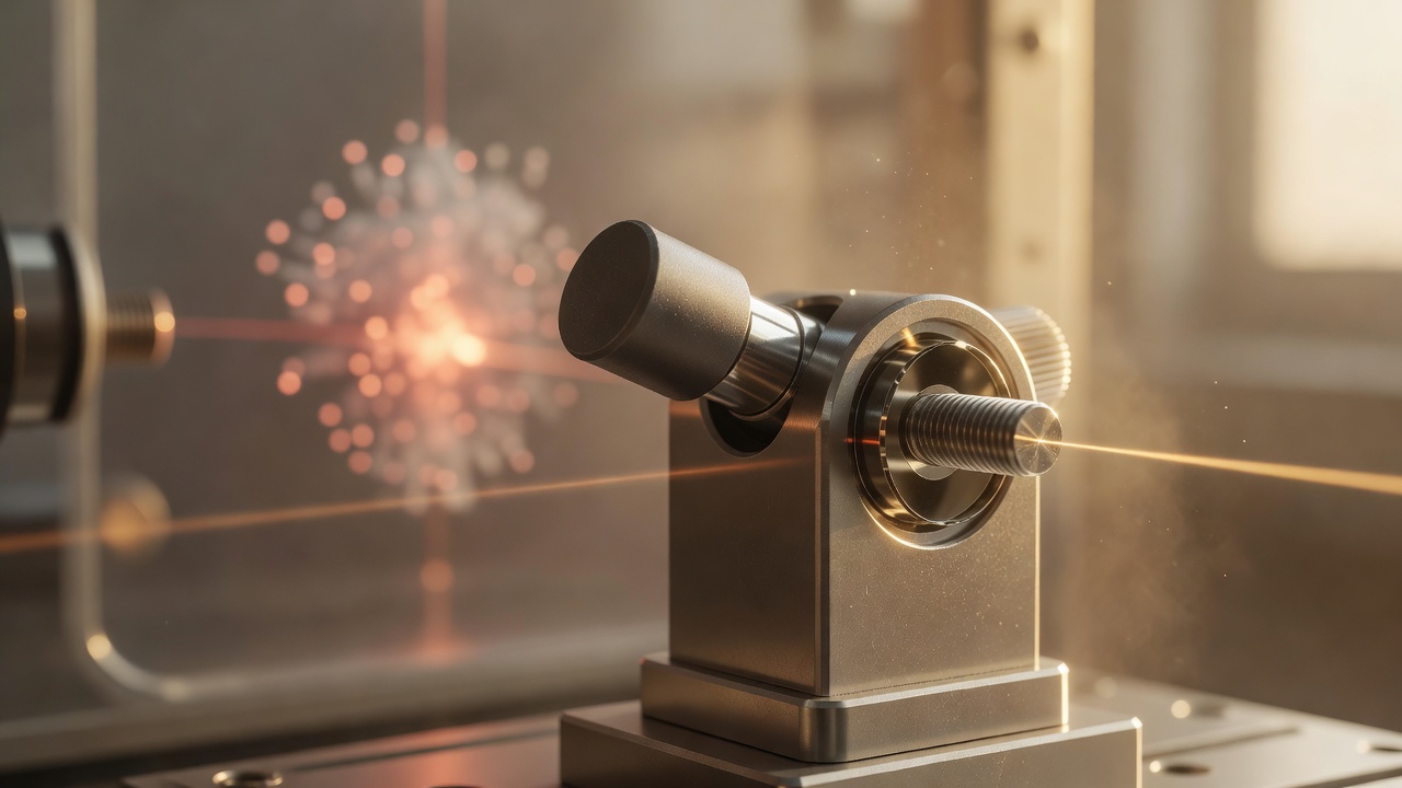 Metal optical mirror mount with a threaded adjuster holding a thin orange laser beam, with a blurred glowing cloud of atoms in the background.