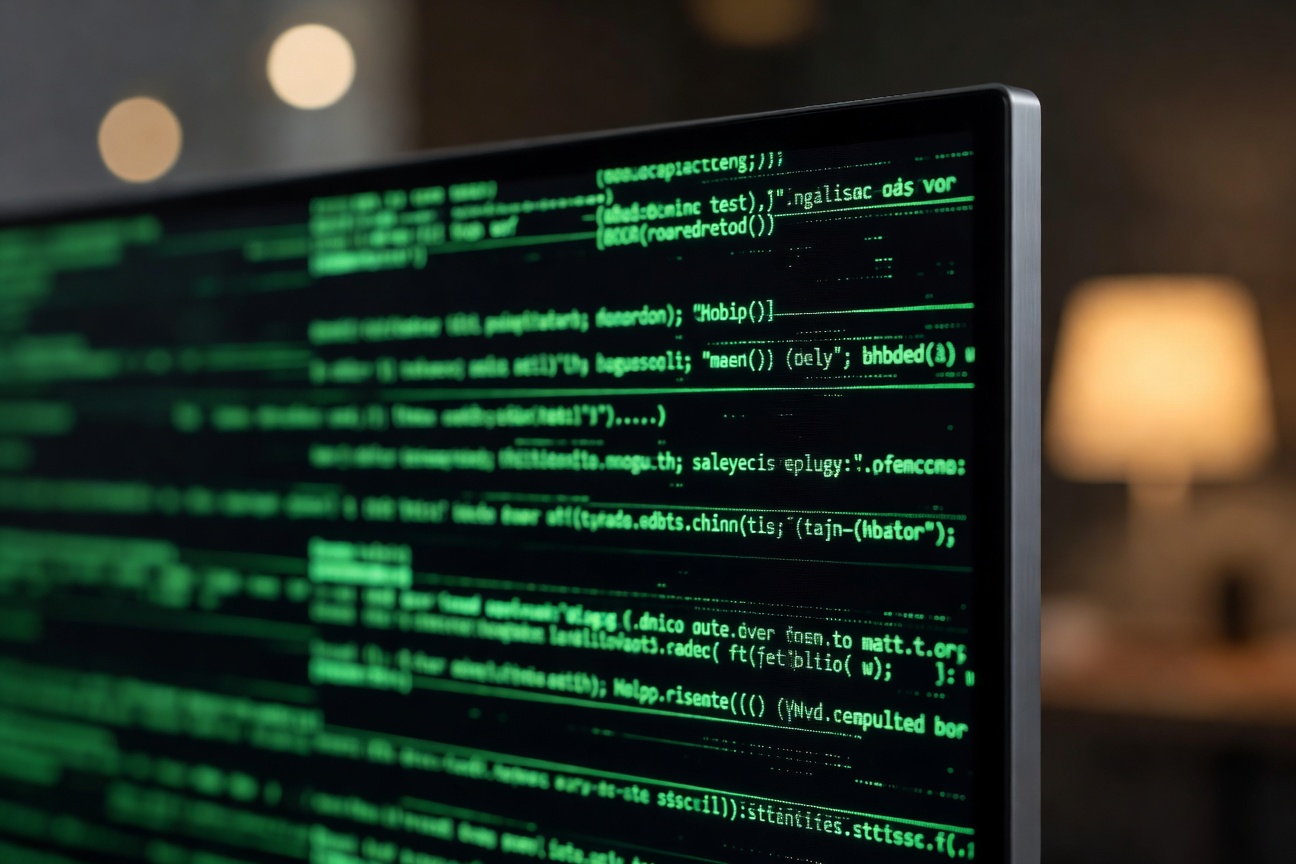 Close-up of an OLED monitor displaying an abstract green terminal session, soft amber desk-lamp bokeh in the background.