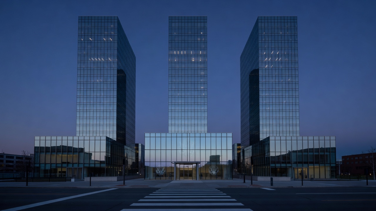 Wide shot of three parallel glass skyscrapers lit by blue-hour twilight, pedestrian crosswalk in foreground, faint reflections of SEC seal visible in center tower's lobby glass, shot with 35mm lens, cool ambient dusk light