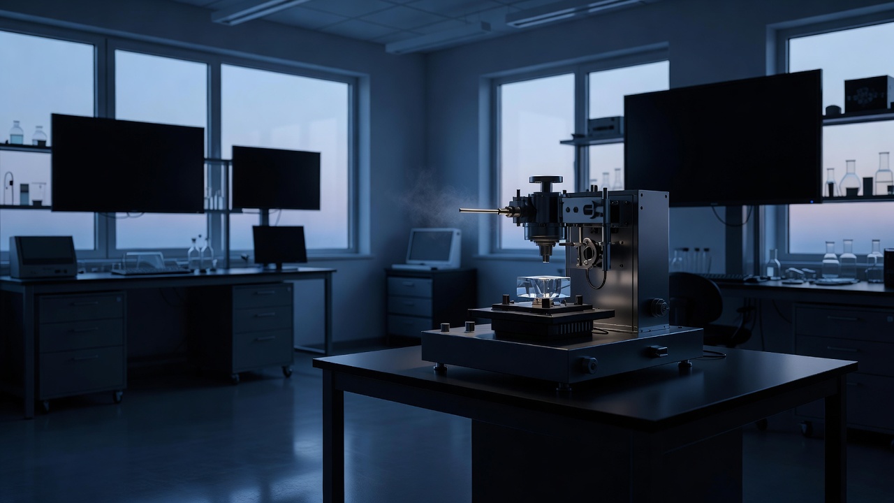 Surrounded by dark monitors, lab shelves and glassware.