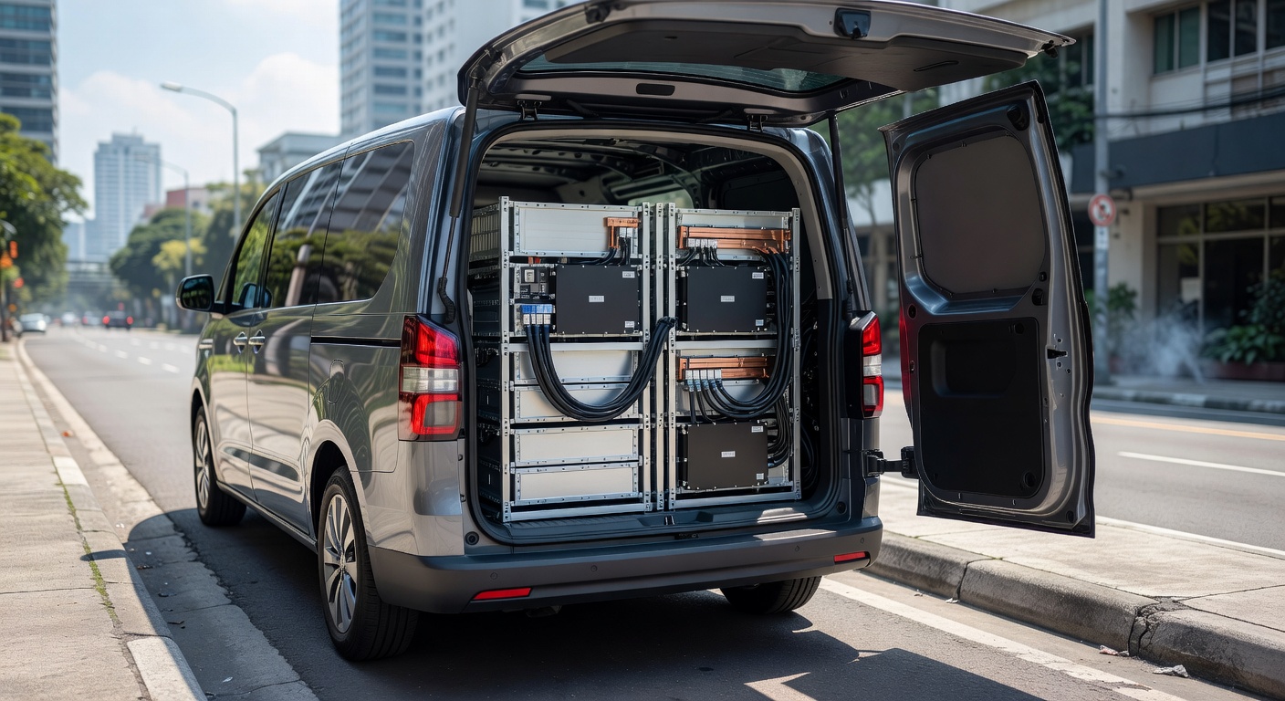Electric van parked curbside in Makati, rear cargo doors open to reveal battery storage units and DC fast-charging hardware, midday overhead light, tight three-quarter rear angle.