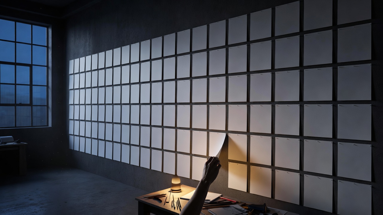 A dim studio wall covered in a grid of blank paper sheets, with a hand lifting one sheet beside a warm desk lamp.