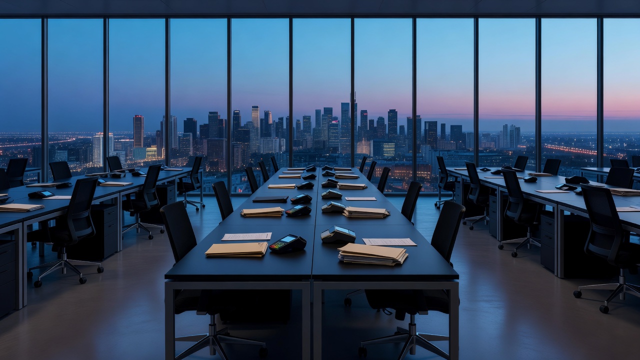 Wide shot of modern finance department workspace at dusk with rows of empty desks, scattered file folders and payment processing terminals silhouetted against floor-to-ceiling windows overlooking cityscape, cool blue-hour ambient light, wide-angle lens with deep depth of field.