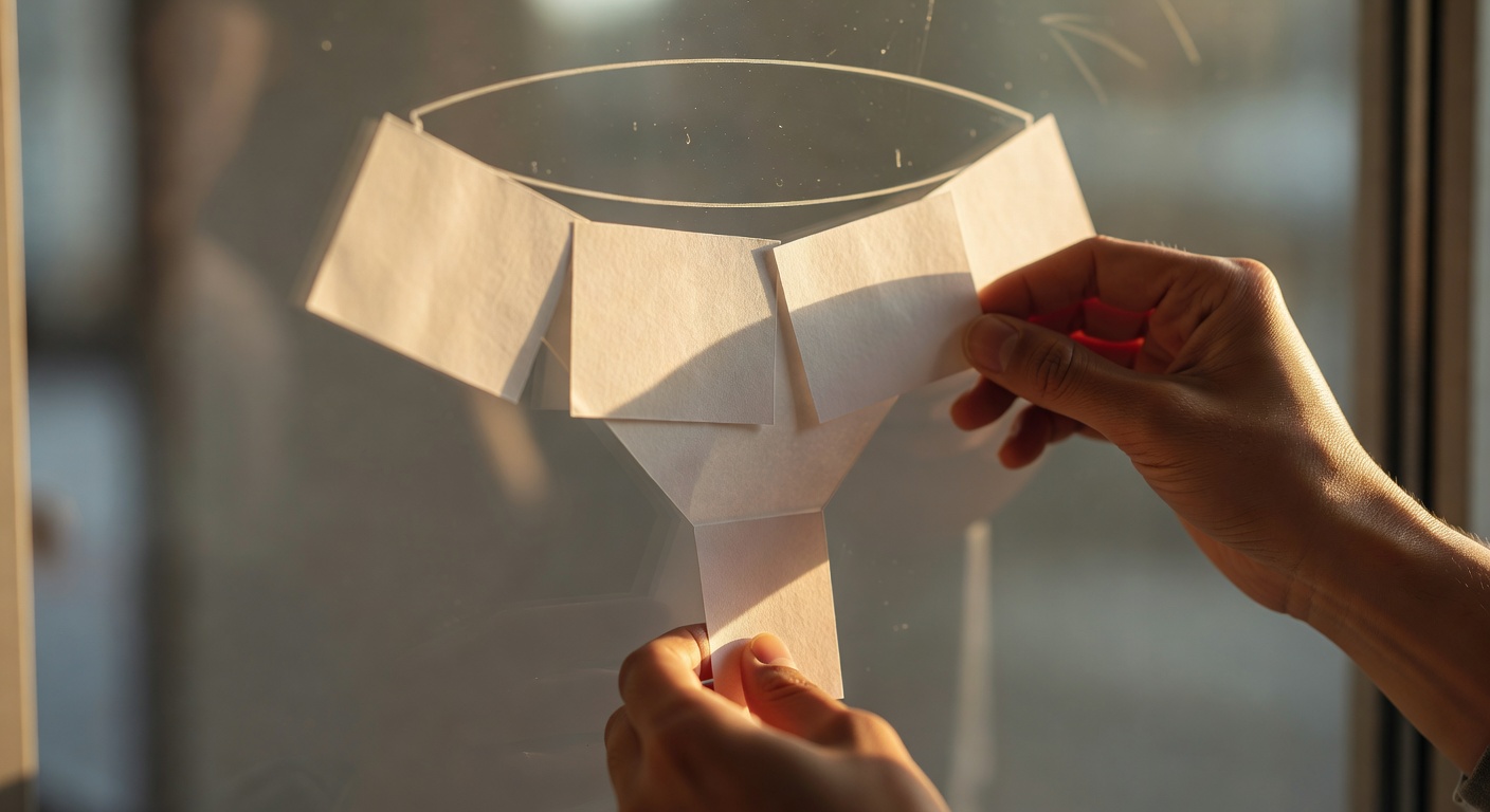 Hands mapping a sales funnel with physical cards on a glass wall