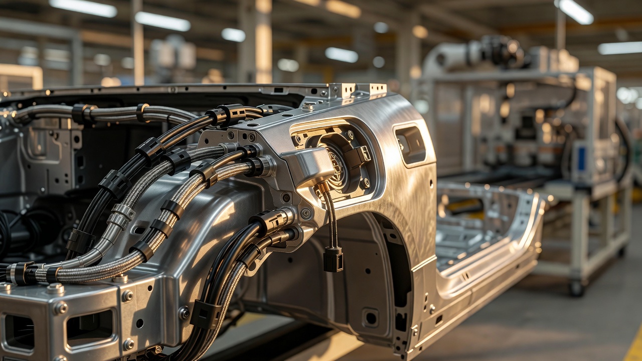 Tight macro close-up of an 800-volt EV charging port and underbody cable architecture on a freshly assembled unit at a Malaysian factory floor, warm golden-hour industrial lighting raking across aluminum components, shallow depth of field.