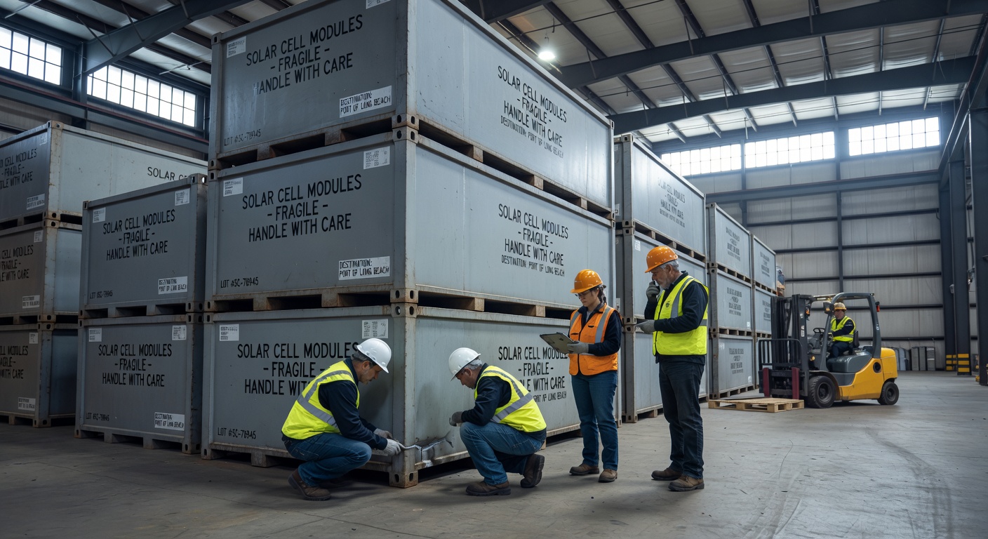 wide angle view of warehouse workers in safety vests inspecting stacked solar cell shipping containers with forklift in background, shot on 14mm ultra-wide f/11, deep focus, diffused skylight through high industrial windows