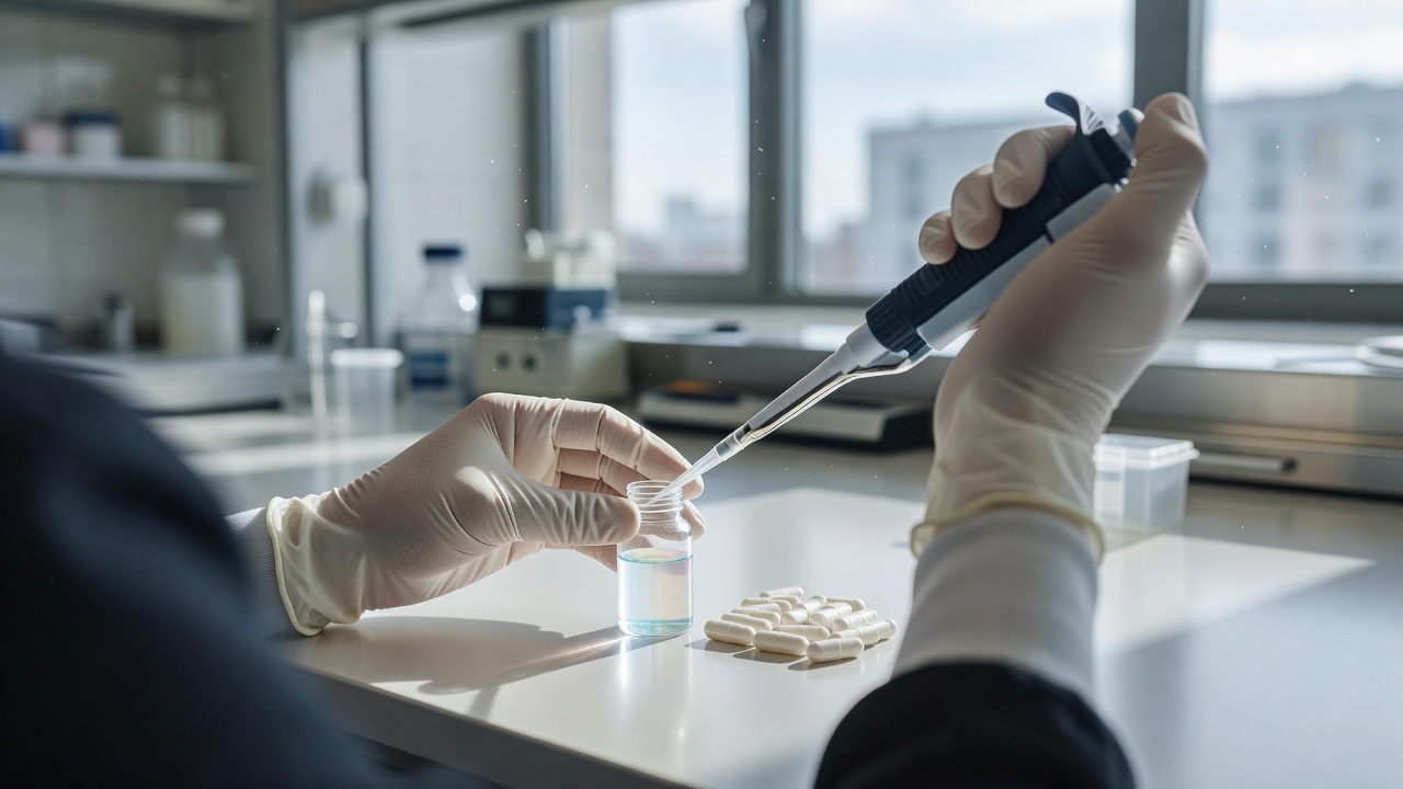 Over-the-shoulder view of a researcher's hands preparing an antibody-drug conjugate vial alongside olaparib capsules on a bright lab bench, daylight streaming through windows, 50mm lens, f/4.