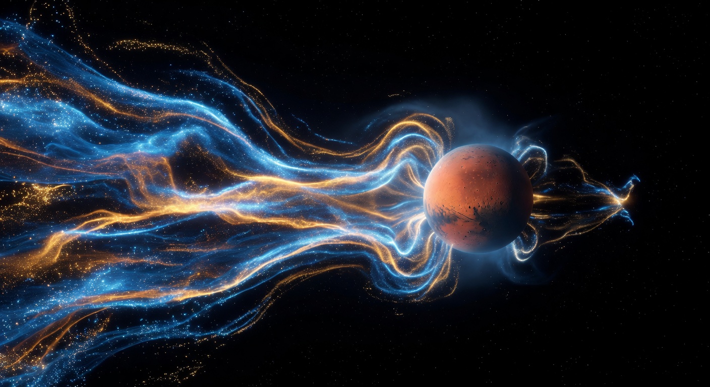 Artist's visualization of solar wind charged particles being funneled through temporary magnetic structures in Mars' thin upper atmosphere, 
