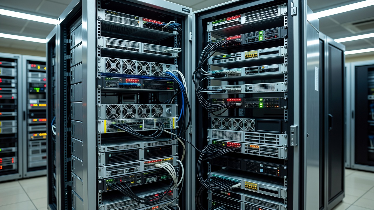 Rack-mounted server towers hum behind an open cabinet door, cooling fans whirring, cables looping between blinking status LEDs, bright overhead fluorescent light, sharp daylight-balanced lens.