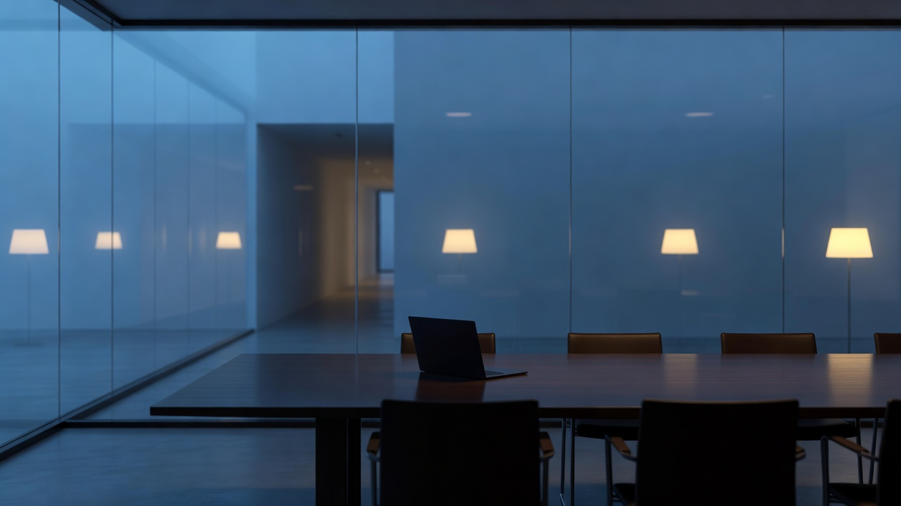 Wide establishing shot of an empty conference room glass wall reflecting scattered desk-lamp glow, an unattended laptop closed on the table, hallway beyond fading into blue dusk, 24mm lens, cool blue-hour ambient light.