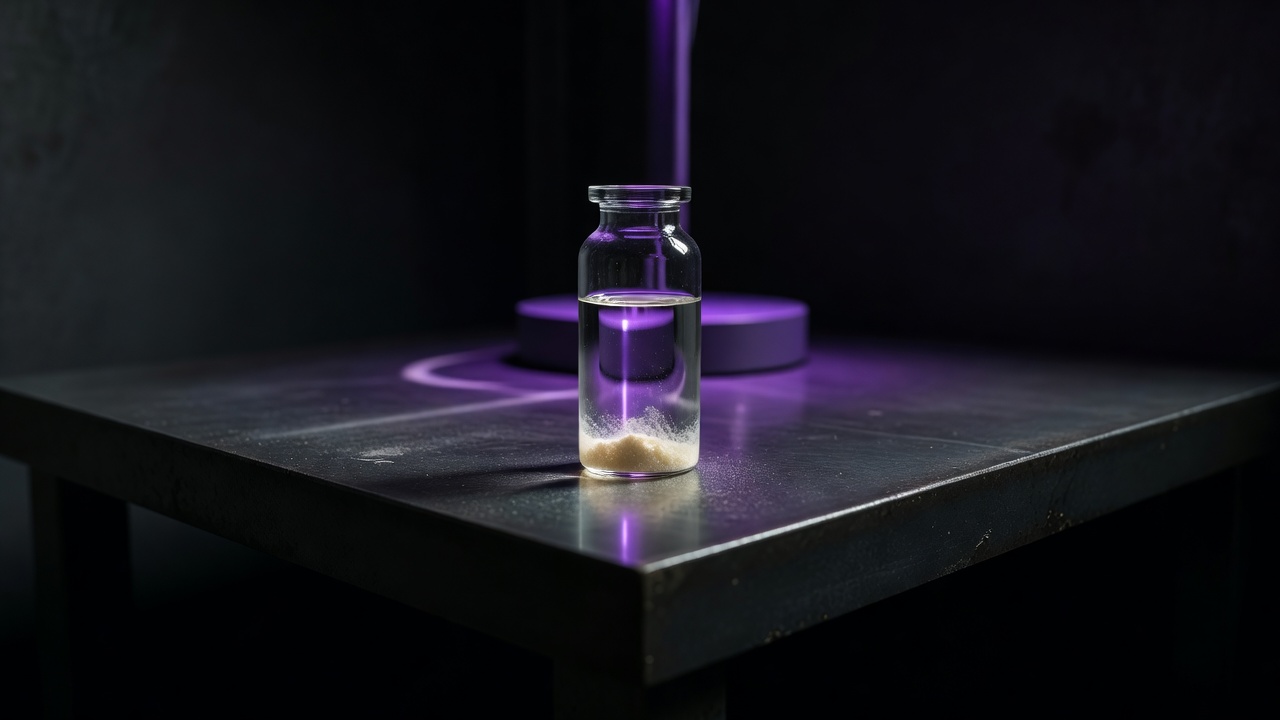 A small glass vial of clear water with pale powder at the bottom stands on a dark metal bench lit by violet light.