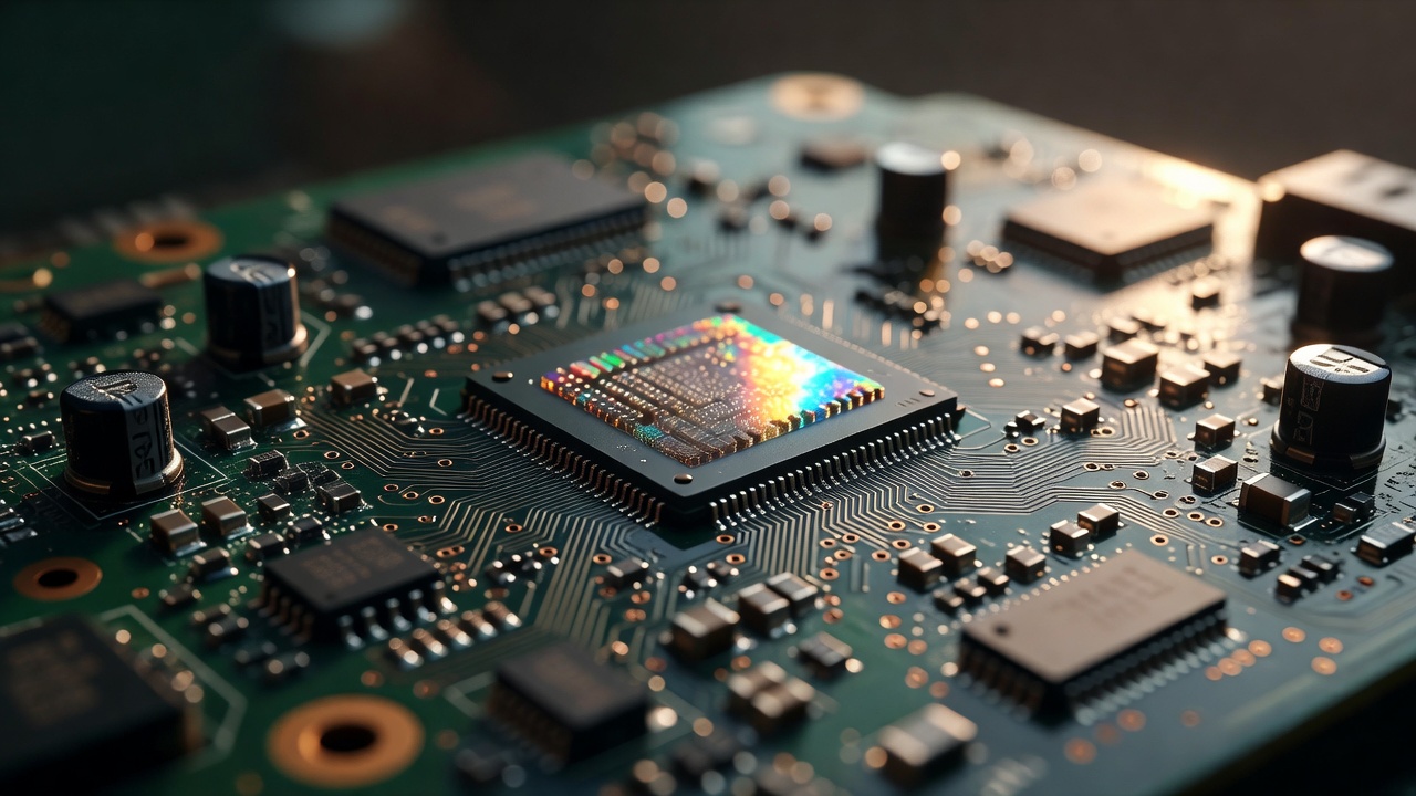Tight macro close-up of a consumer GPU circuit board, copper traces and silicon die catching warm golden-hour light, shallow depth of field, 50mm macro lens.