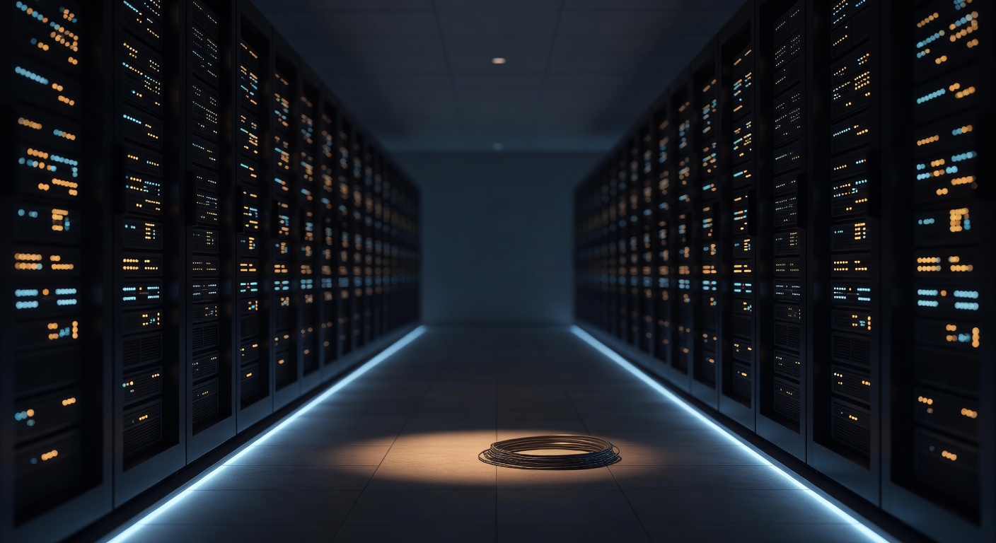 Dimly lit server-room aisle with parallel rows of 42U racks, amber and pale-cyan indicator LEDs trailing into bokeh, and a coiled fiber-optic patch cable lying unconnected in the foreground.
