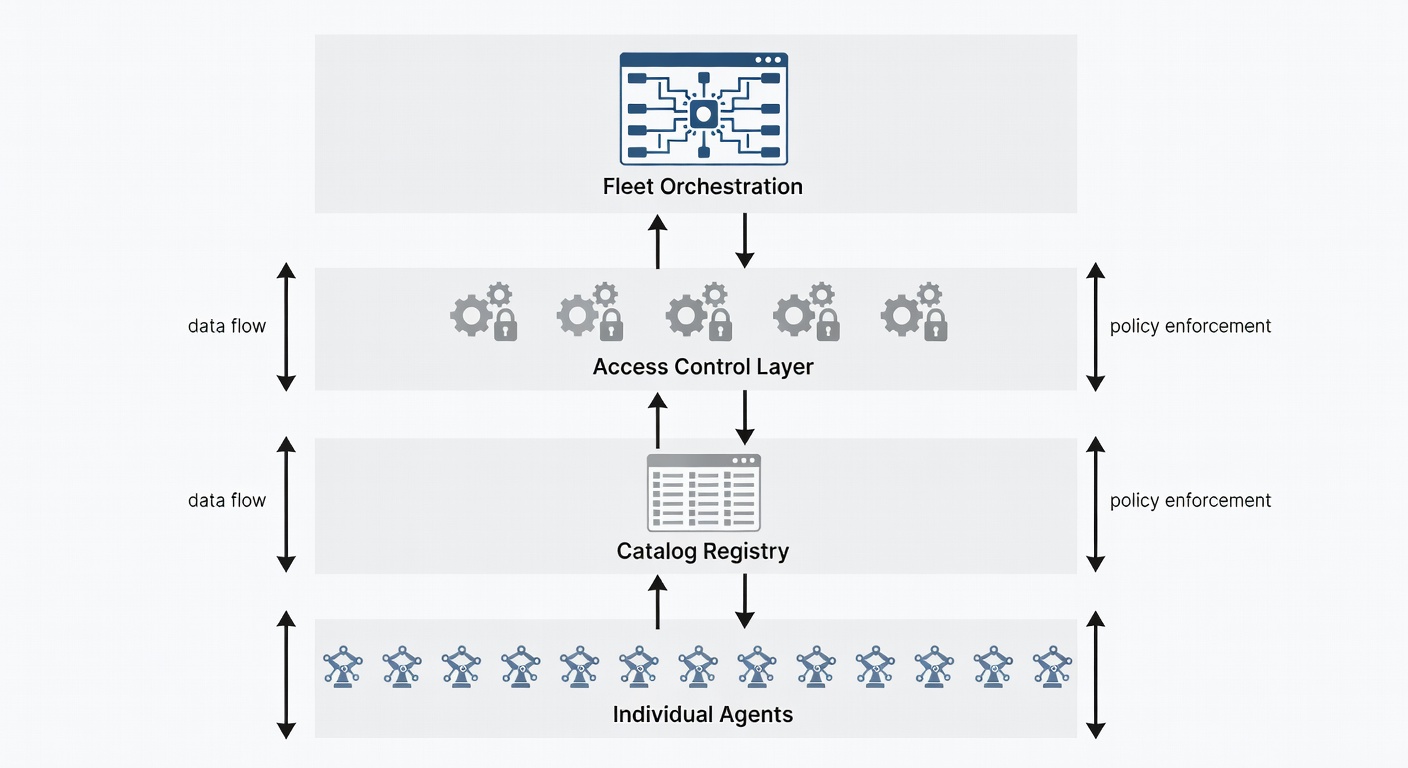Clean layered architecture diagram showing AI agent governance hierarchy, four distinct horizontal tiers from bottom to top: individual agents, catalog registry, access control layer, fleet orchestration, connected by vertical arrows showing data flow and policy enforcement