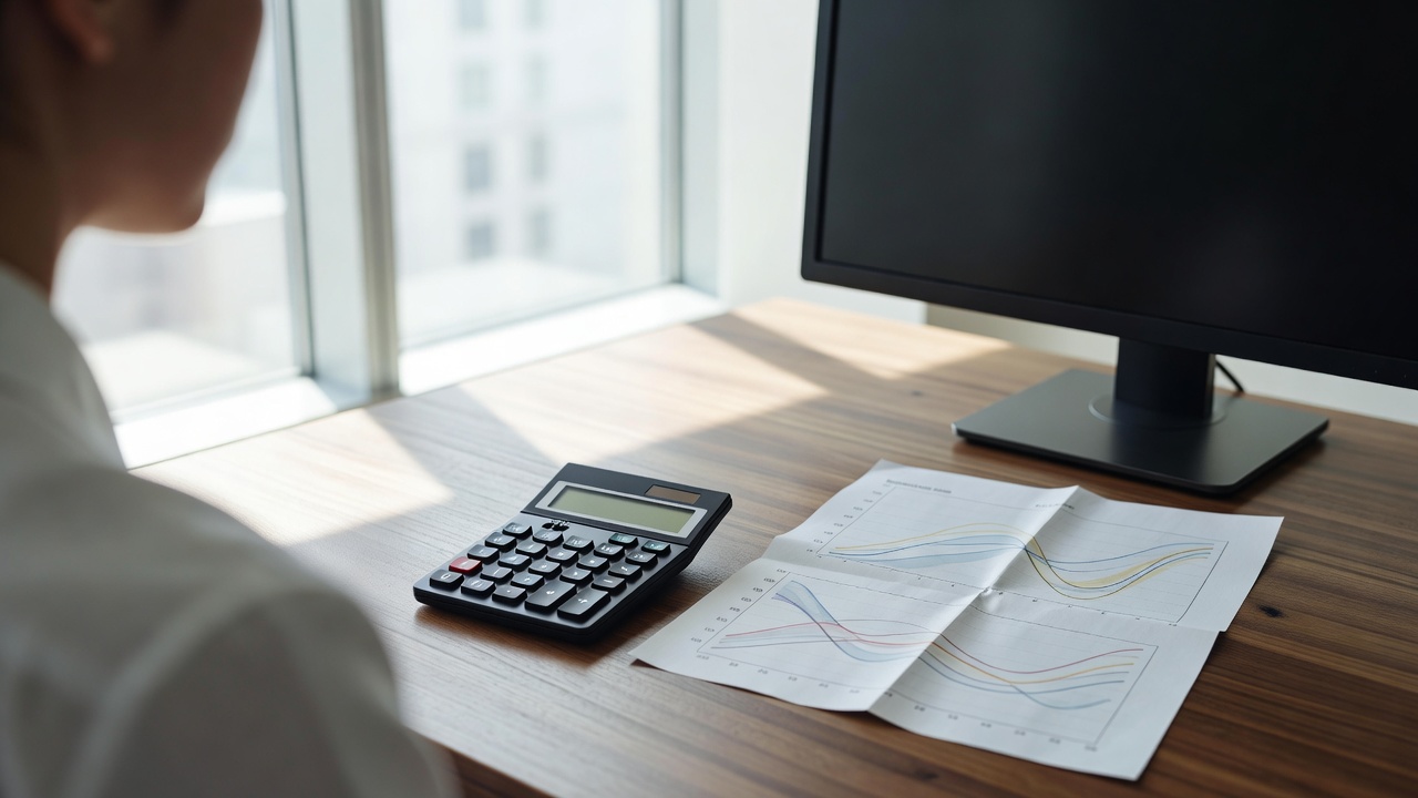 Over-the-shoulder view of a financial analyst's workspace at midday, calculator displaying 70.00 beside a printed share-price comparison chart, second monitor powered off, bright natural light from tall windows washing out shadows across the desk, shot with 35mm lens, high-key exposure.