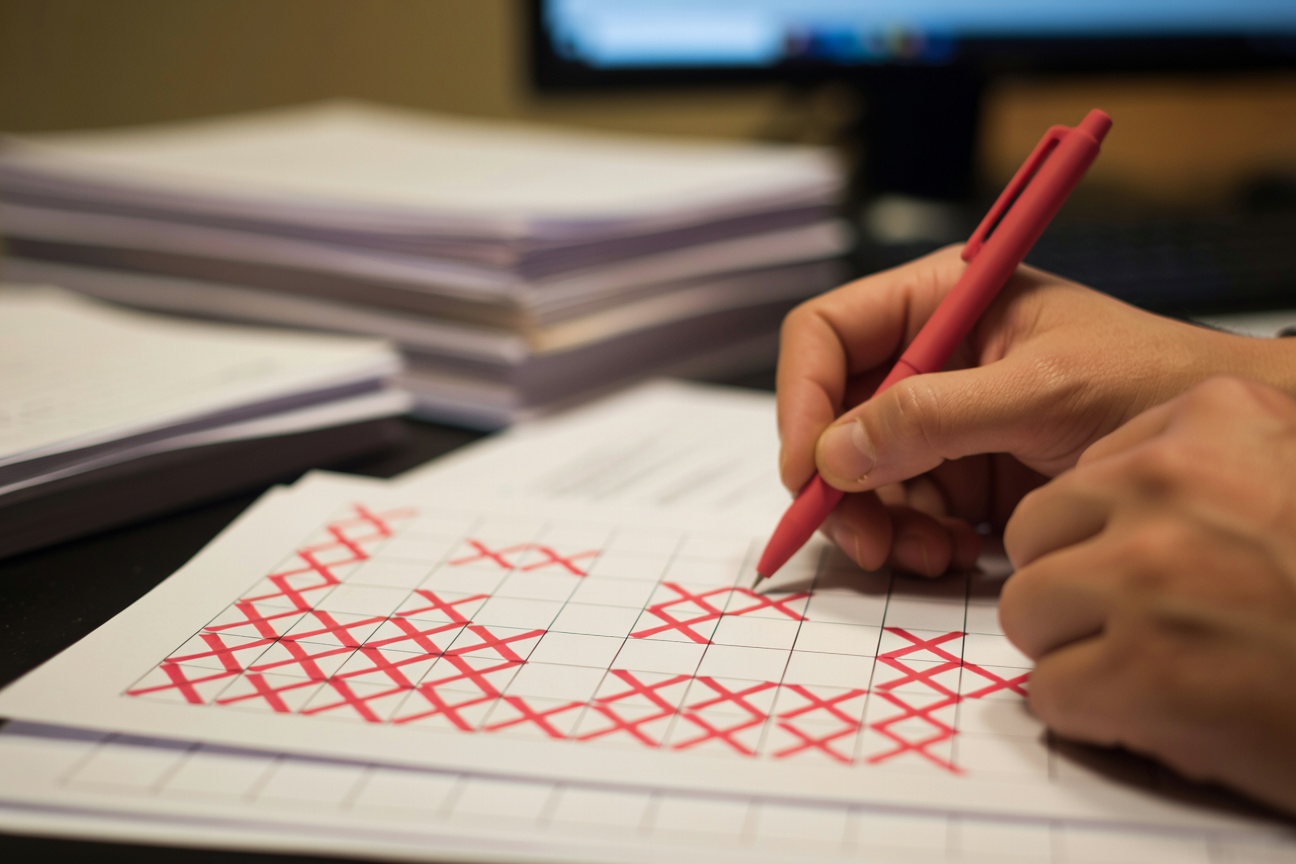 Close-up of hands marking a printed weekly calendar grid with CSV file icons crossed out in red, desk scattered with conversion tracking spreadsheets, shot on 50mm lens with f/1.8, warm overhead office lighting with cool monitor glow.