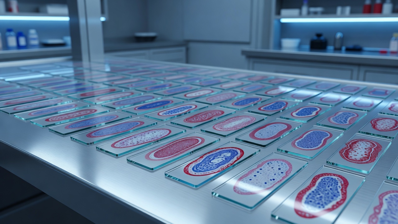 Wide shot of a laboratory bench with multiple glass microscope slides arrayed in rows, each holding stained coronary artery tissue cross-sections, cool blue ambient lighting reflecting off glass surfaces, shot at f/5.6 with a 35mm lens.