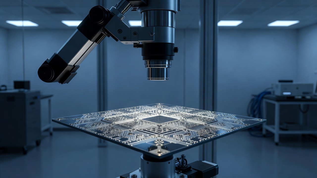 Wide, cool blue-hour shot of a superconducting quantum chip wafer under a microscope arm, 120-qubit lattice etched in silver, dim lab, telephoto compression, long exposure.