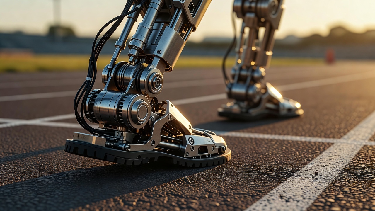 Humanoid robot lower leg and foot planted at a race starting line, asphalt texture close beneath, warm golden-hour side light raking across the ankle actuator housing, tight macro, shallow depth of field.