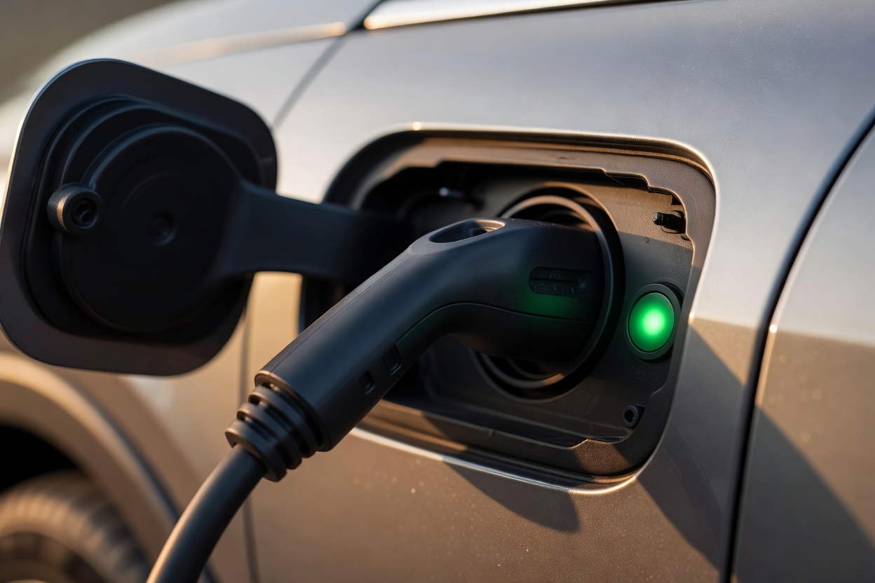 Close-up of a black charging connector plugged into a silver car's charge port, with a green status light glowing beside it.