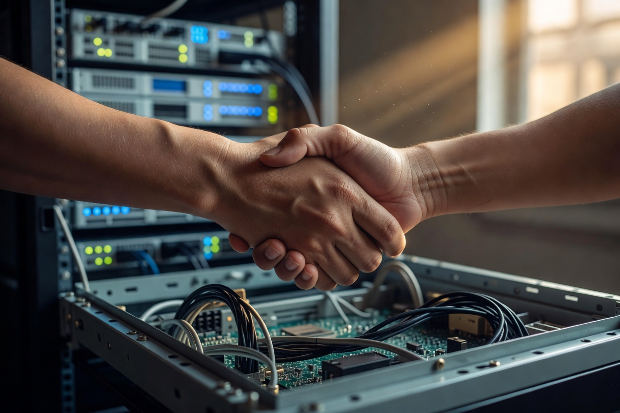 Macro shot of hands mid-handshake over an open server-rack access panel, blurred rack lighting behind, warm golden-hour sunbeam through a window, 100mm macro lens, shallow depth of field.