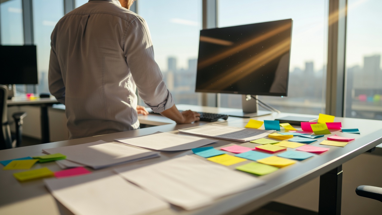 Over-the-shoulder view of SOC analyst reviewing printed incident playbook pages spread across standing desk, second monitor dark, reference documents and sticky notes visible, mid-morning bright natural light flooding workspace from large windows, shallow depth of field