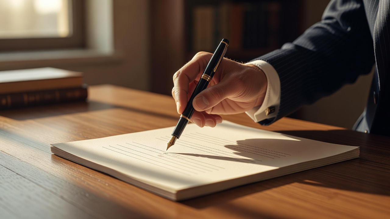 Close-up of business executive's hand signing electronic funds transfer authorization form on textured stationery, morning sunlight casting warm shadows across desk surface, pen tip frozen mid-signature, shallow depth of field at f/2.8, golden hour warmth