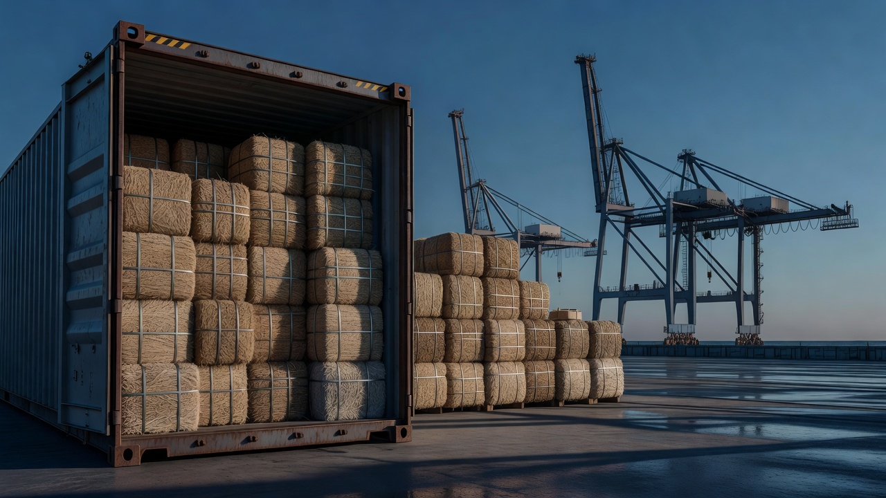 Bamboo pulp bales stacked in a shipping container at a coastal cargo terminal, gantry cranes silhouetted overhead, cool blue-hour sky, wide-angle lens, long shadows.