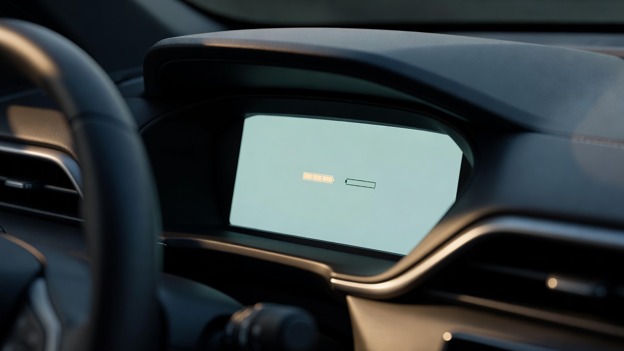 Close-up of a car dashboard screen showing a partly filled battery bar beside an empty fuel-level bar, illustrating plug-in hybrid energy use.