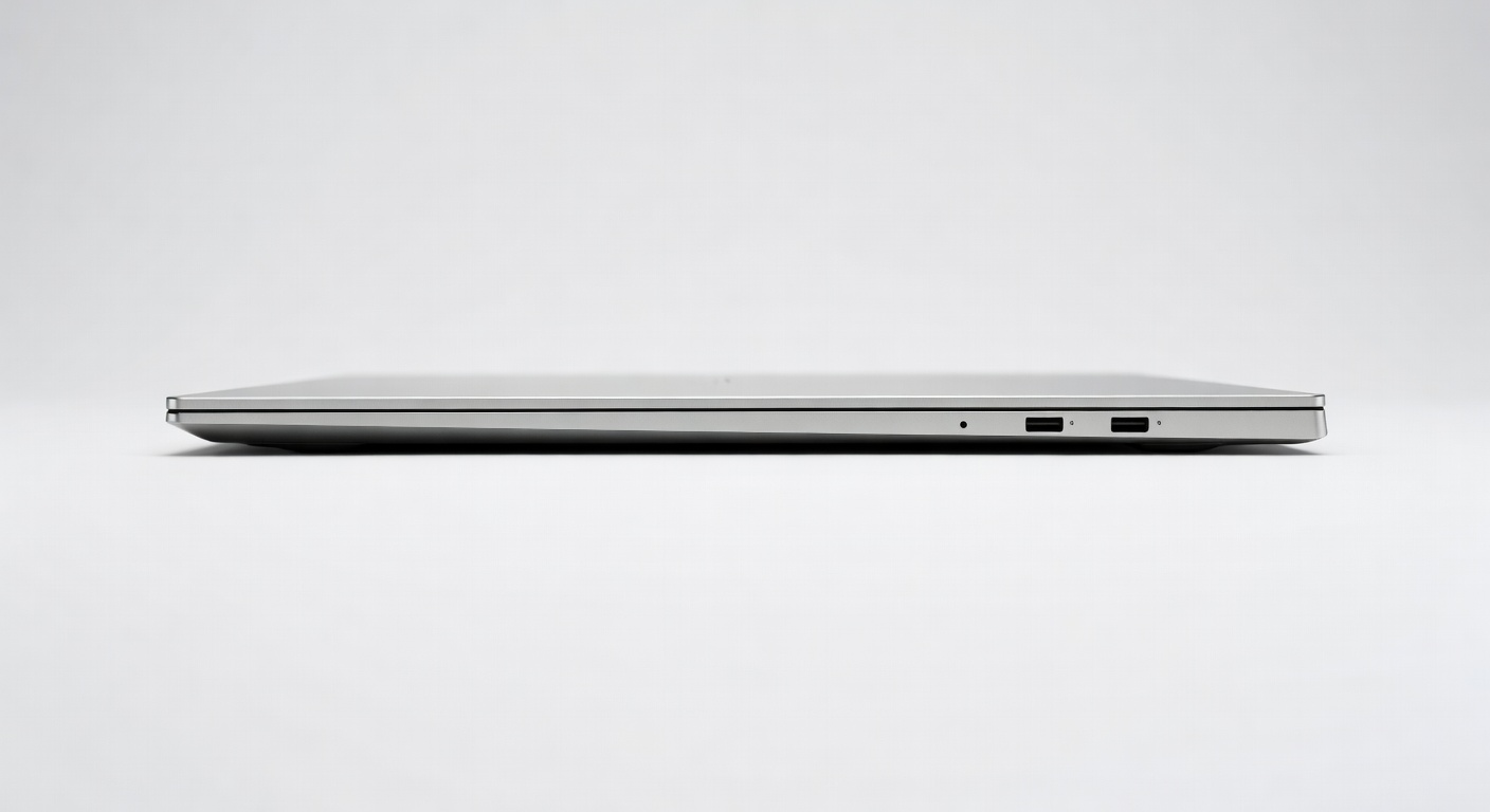 Asus Vivobook S 14 OLED side profile view showing the thin 0.55-inch chassis and charging port, clean white background, 
