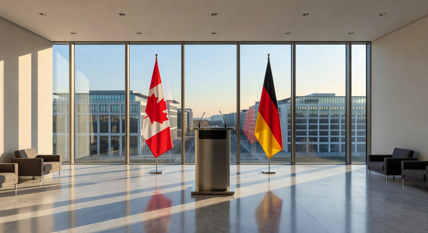 wide establishing shot of a modern Berlin government conference room, floor-to-ceiling windows overlooking government district, two flags (Canadian maple leaf and German tricolor) flanking empty podium, warm afternoon sunlight casting long shadows across polished marble floor, shot on 24mm f/5.6, deep focus, architectural photography