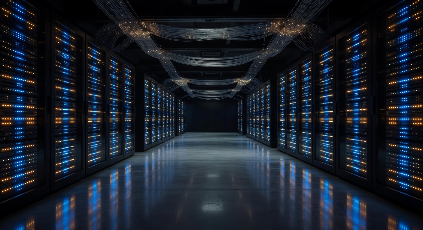 Modern server room with rows of LED-lit racks and fiber runs overhead