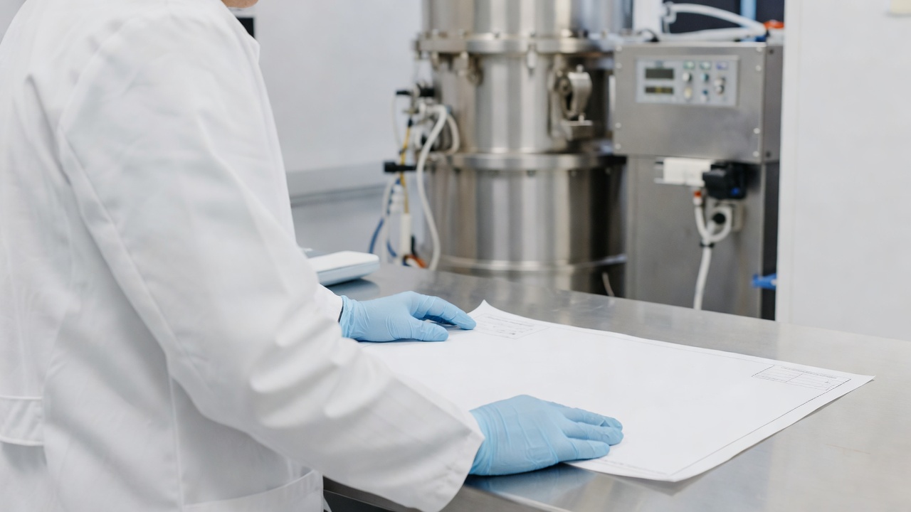 Over-the-shoulder medium shot of a researcher's hands guiding a stylus across a printed quantum circuit diagram on a lab bench, cryostat equipment softly visible in background, bright high-key overhead fluorescent daylight, 50mm lens.