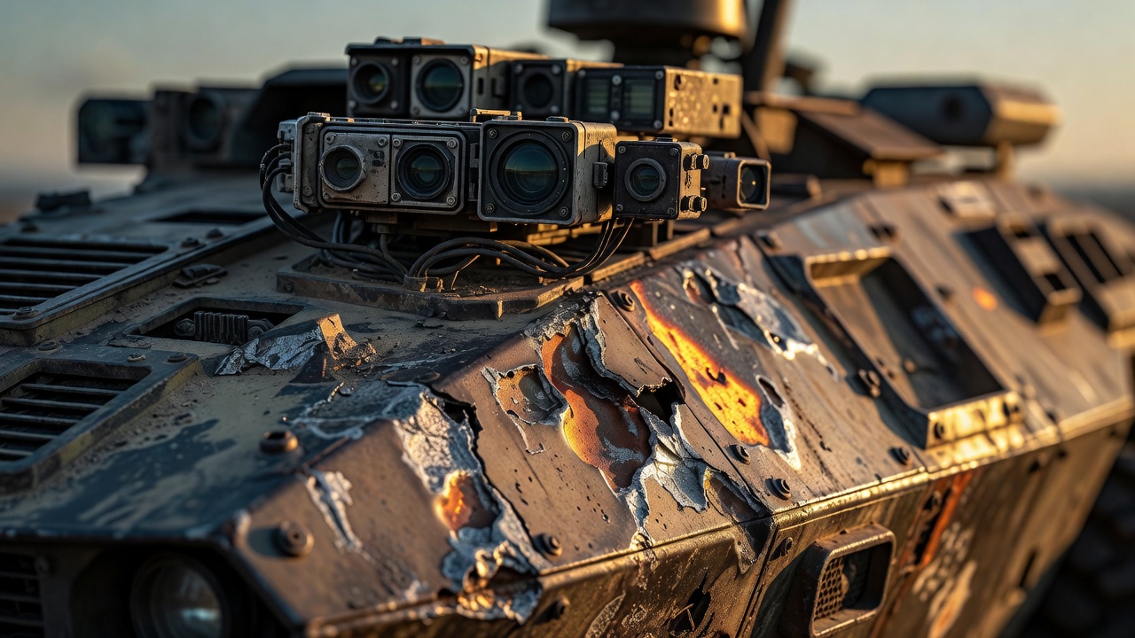 Tight macro close-up of a Zmyi-style UGV's sensor array and hull plating showing impact scarring and field wear, warm golden-hour side-lighting raking across scorched metal surfaces, shallow depth of field, no text, no labels, no watermarks.