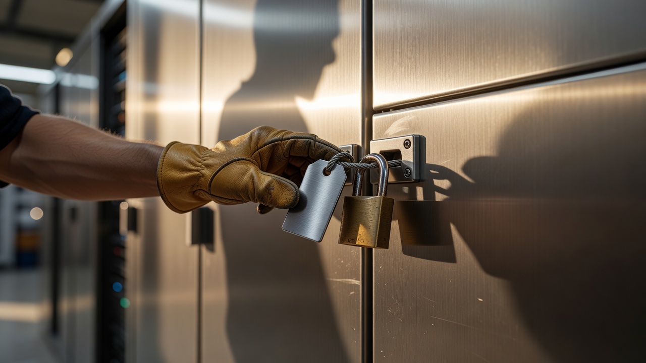 Gloved hand holds a blank metal tag and brass padlock on a brushed steel server rack door, with a worker's shadow behind.