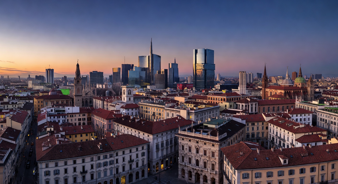 aerial view of Milan city skyline at dusk with Lombardy financial district in background, modern glass towers alongside historic architecture, no text, no labels, no watermarks