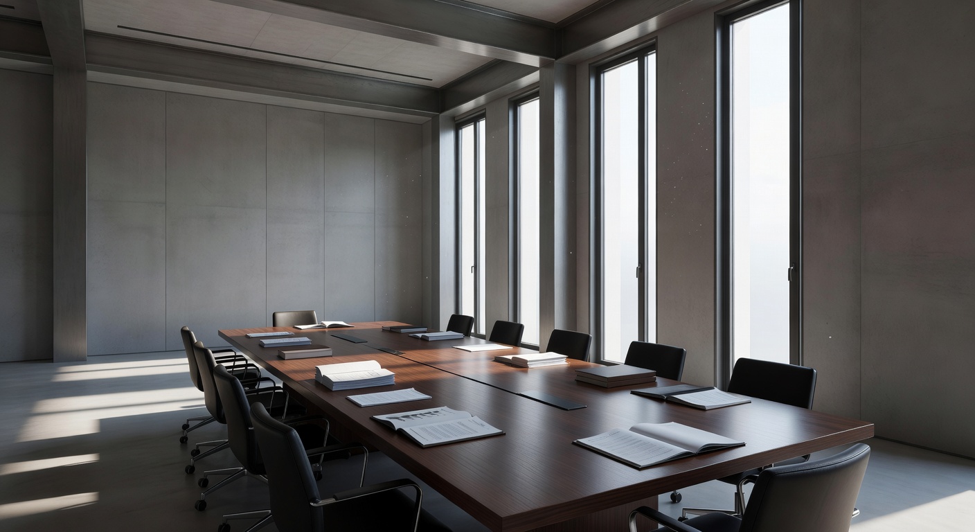 interior of an Italian government or institutional venture capital meeting room with modern architecture, formal conference table with financial documents visible, no people, natural light from tall windows, no text, no labels, no watermarks