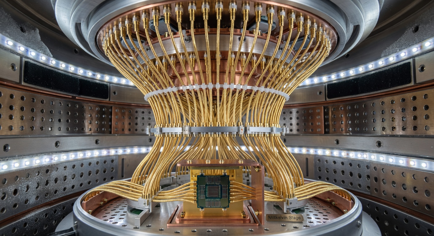 wide shot of dilution refrigerator cryostat interior showing gold-plated microwave cables descending to quantum chip at millikelvin temperature stage