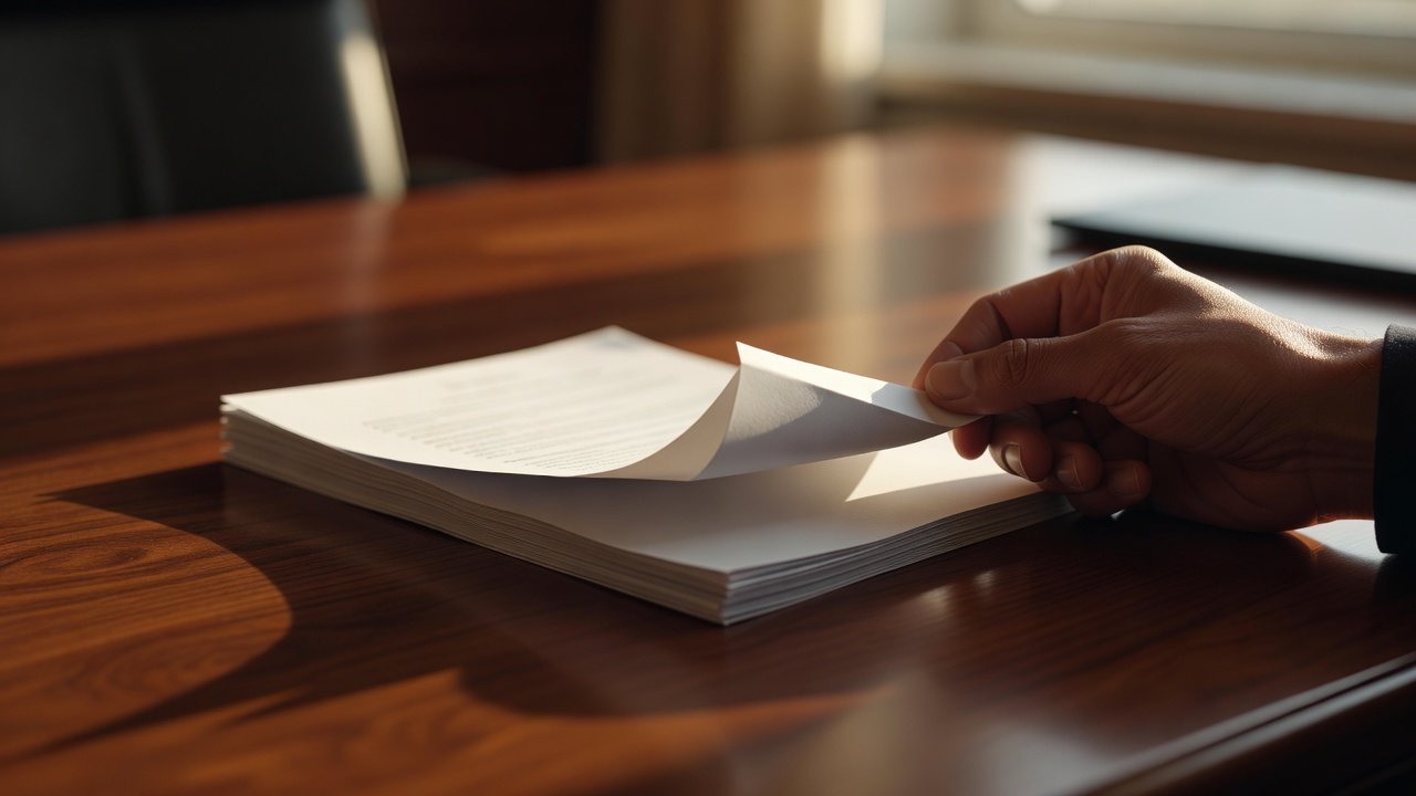 Extreme close-up of an investor's hand holding a folded shareholder document packet against a mahogany desk surface, paper corner slightly curled, shallow depth of field with 100mm macro lens, warm golden afternoon sunlight streaming from window creating soft amber highlights and long shadows.