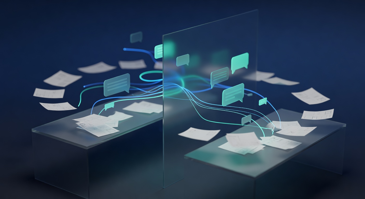 abstract conceptual illustration of two software workspaces connecting via glowing data flows