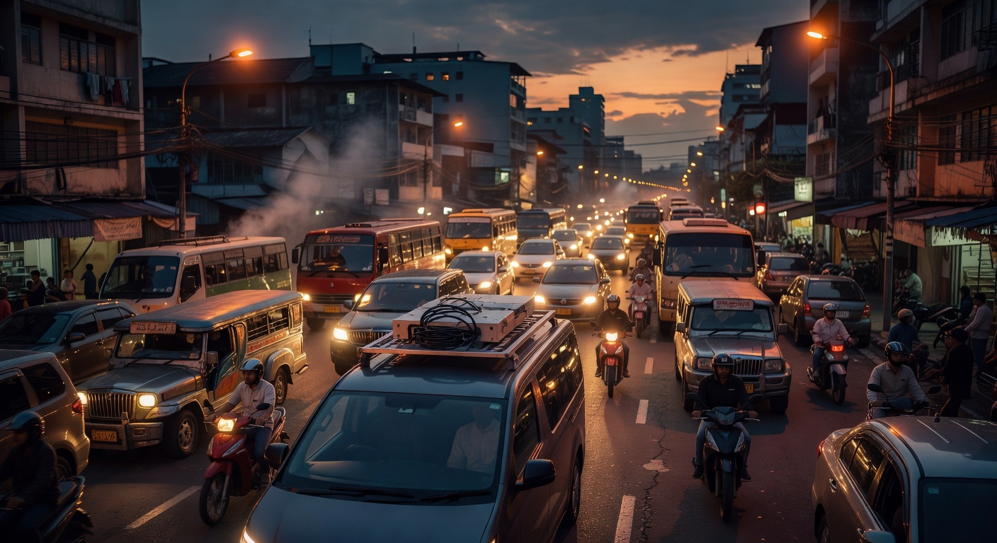 Electric van with roof-mounted charging equipment navigating a dense Metro Manila street at dusk, other vehicles crowding the frame, warm sodium streetlight glow, wide-angle lens.