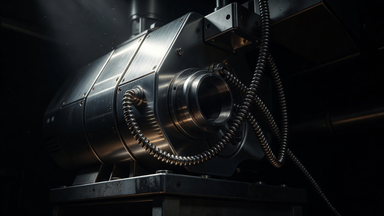 Low-angle hero view of a mass spectrometer's inlet chamber under harsh directional light, metallic housing gleaming against deep shadow, coiled sample tubing, dramatic industrial lens, moody contrast.