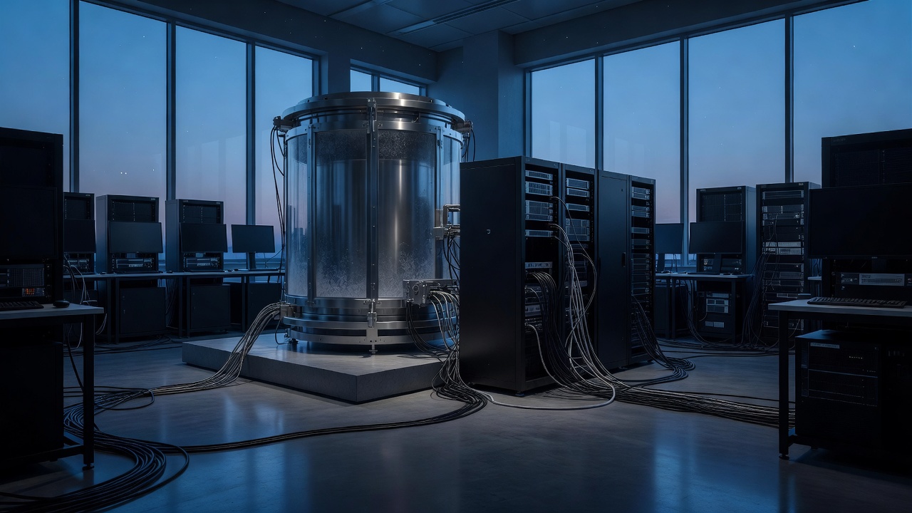 Large cryostat tower on a platform in a dim lab, surrounded by server racks, dark monitors and cables running across the floor.