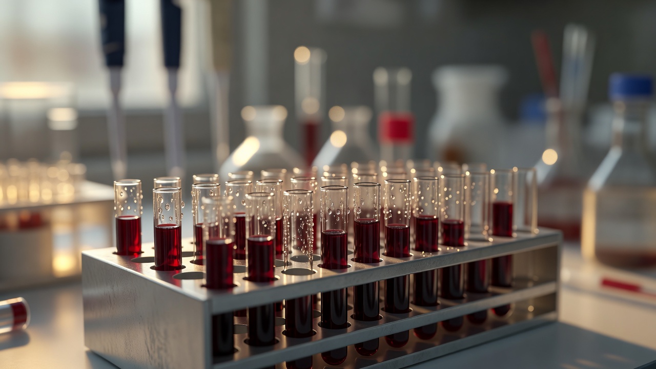Wide macro close-up on a blood-marker test tube rack, condensation beads catching warm golden light, out-of-focus lab equipment behind, shallow depth of field, 85mm macro lens.