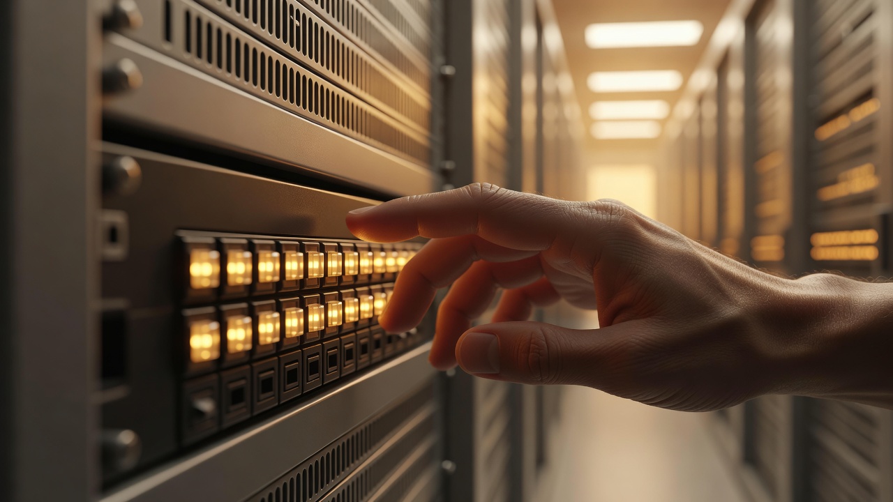 Wide shot of a modern data center corridor with long rows of server racks</p><p style=