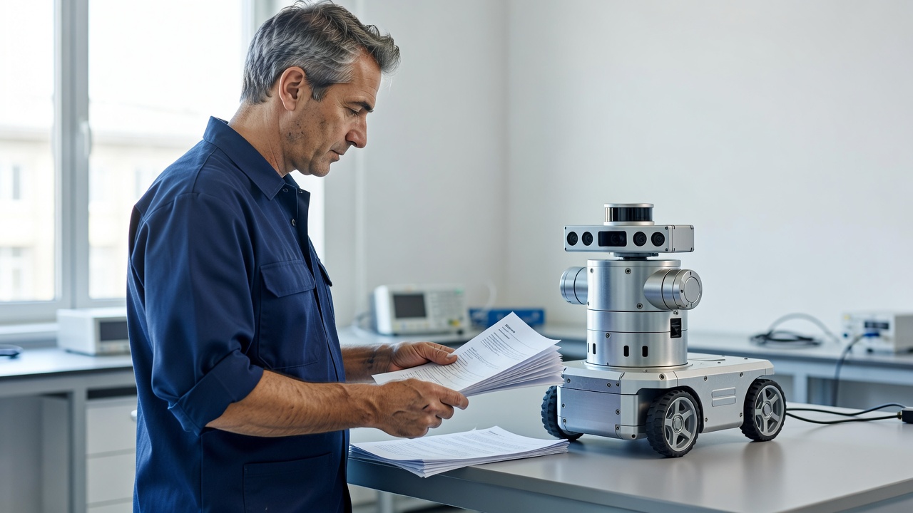 Over-the-shoulder medium shot of a technician holding printed compliance documents beside a two-kilogram mobile robot on a review table, robot's sensor array in sharp focus, bright high-key daylight, 50mm lens.