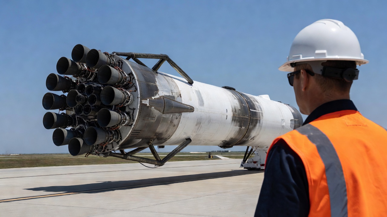 A worker in a white hard hat and orange safety vest studies a sooty white rocket booster lying on its side on a runway.